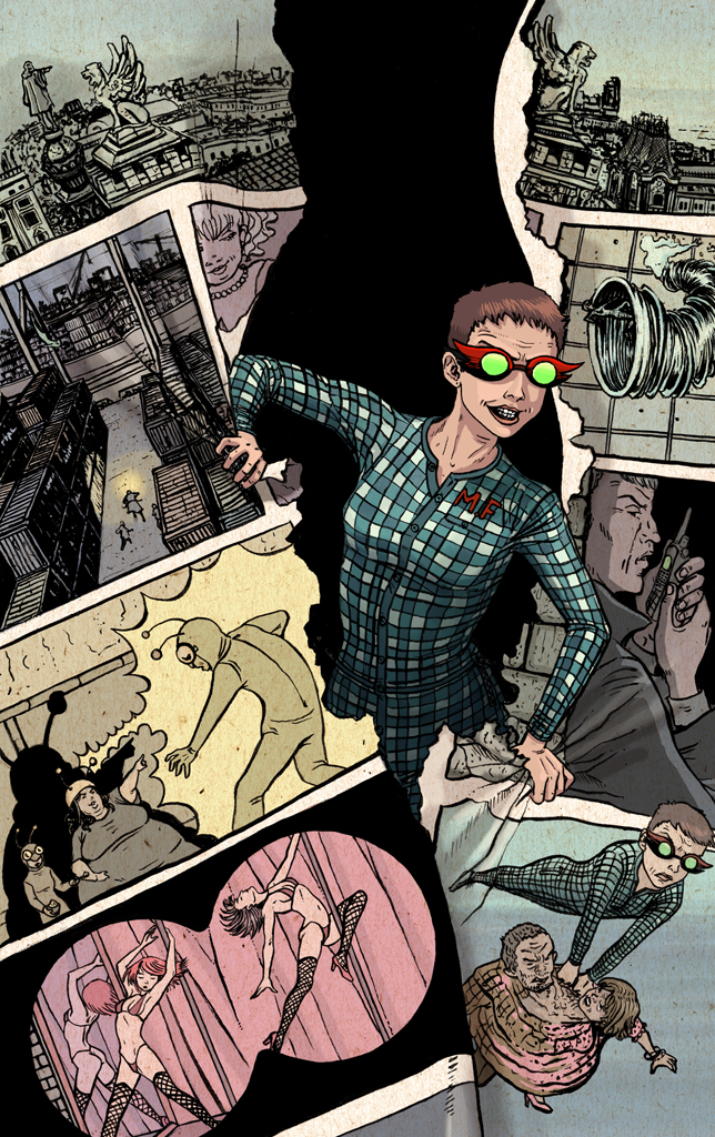 La súper heroína Miss Fifty aparece saliendo de una página de cómic que ella misma está rompiendo. En las viñetas se ven escenas que ocurren en la novela.